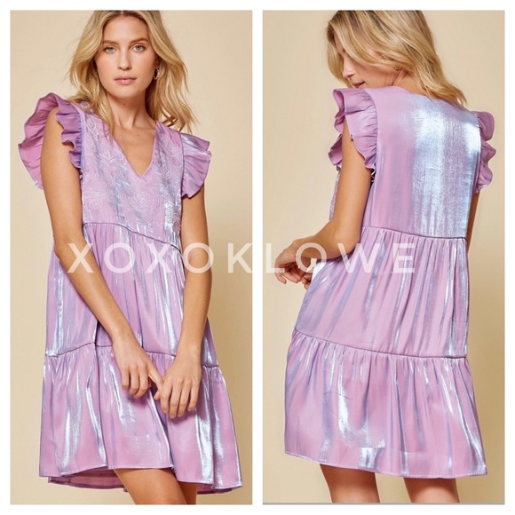Lavender Boho Iridescent Shimmer Tiered Mini Dress - Picture 3 of 15